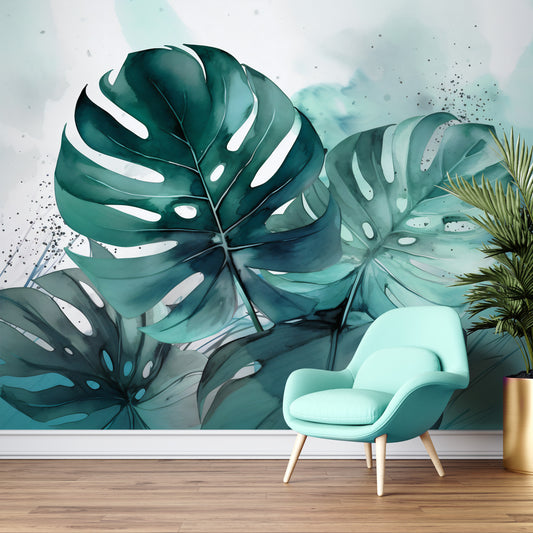 Green Monstera Leaf Peel and Stick Wallpaper | Tropical Watercolor Design by Miami Walls and Decor | Removable, Eco and Renter Friendly