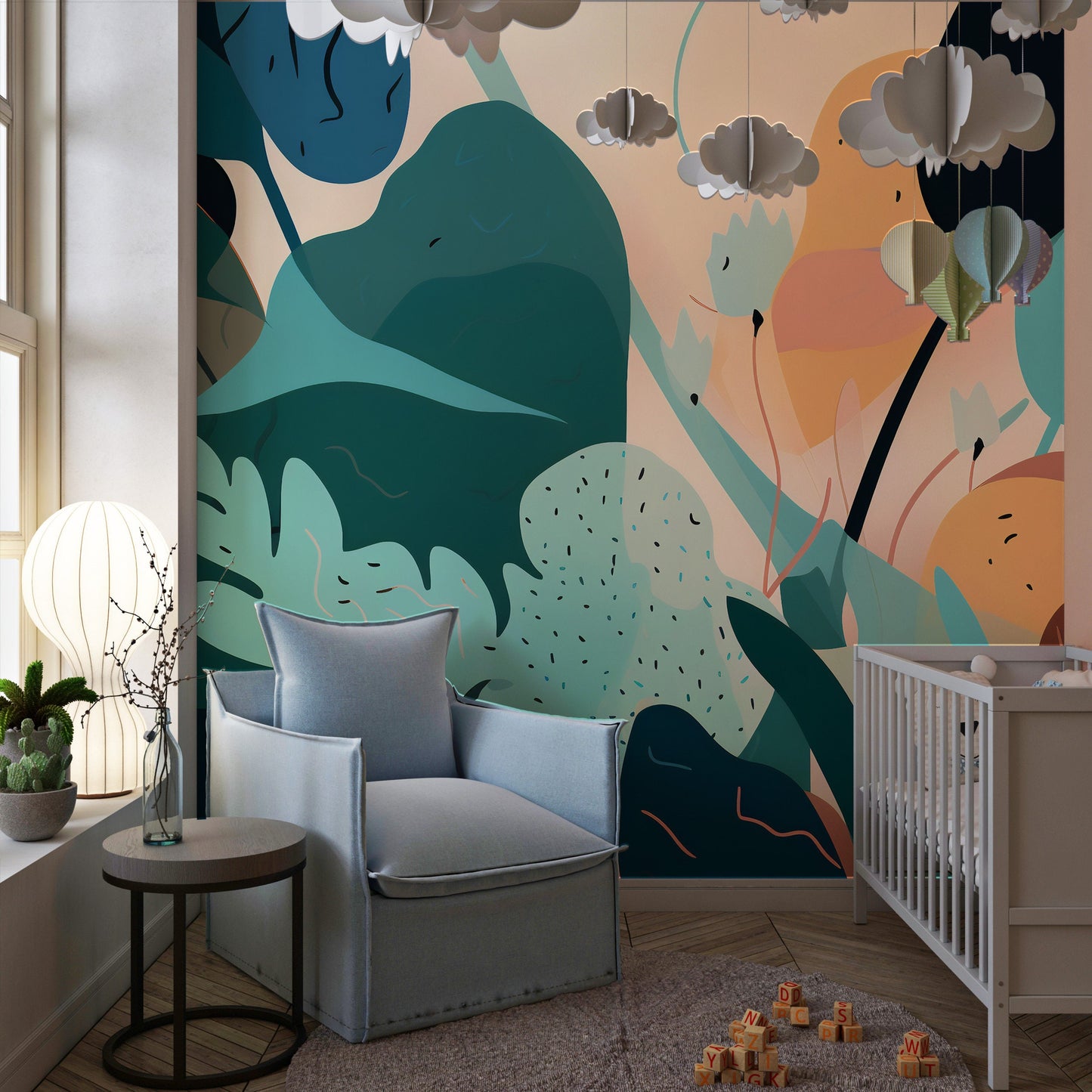 Abstract Wallpaper Mural with Delicate Matisse-Inspired Shapes. Easy-to-Apply Peel and Stick.