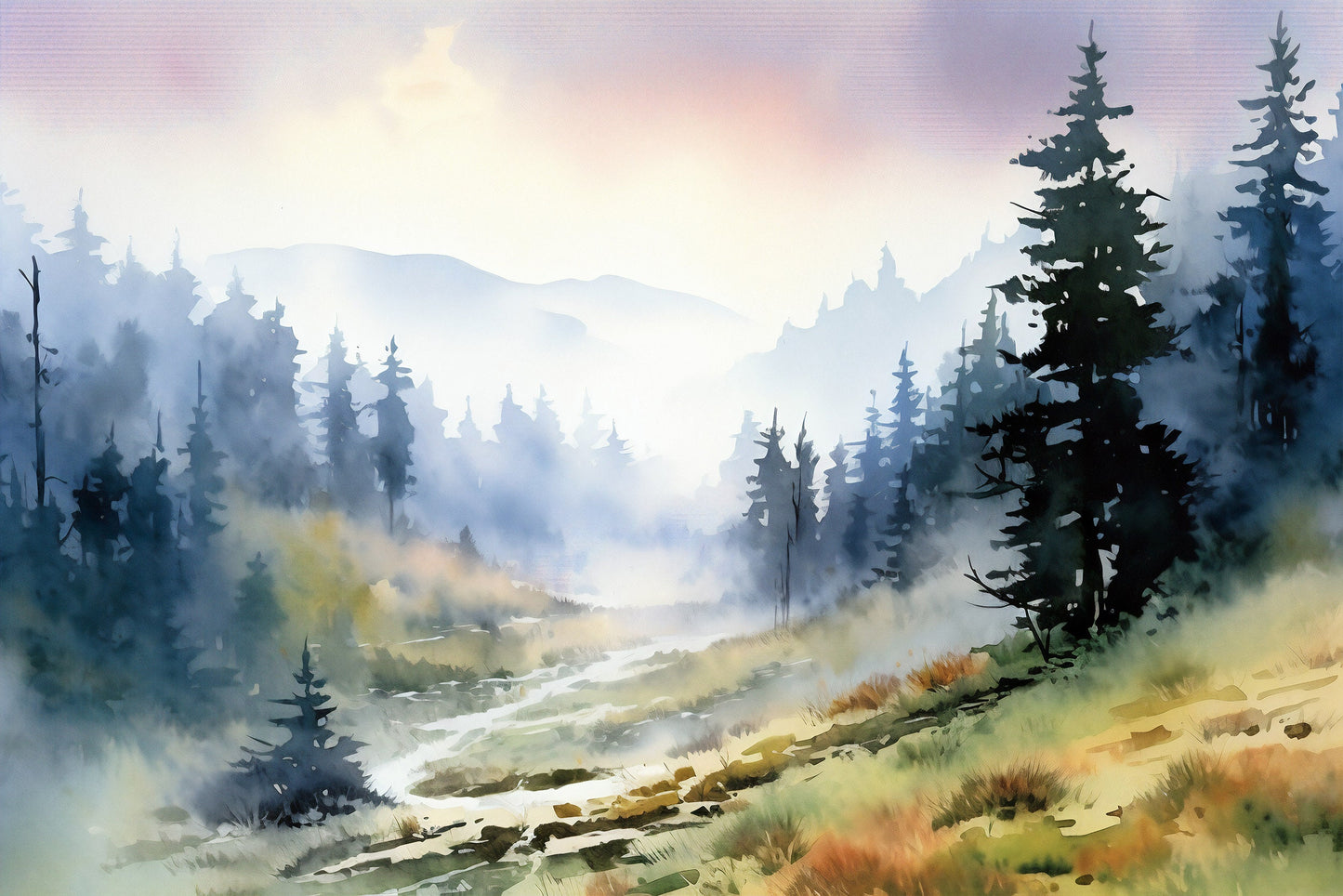 Watercolor Misty Valley and Mountain Wallpaper | Removable Watercolor Forest Wallpaper | Mountain Scenery Mural | Foggy Forest Wallpaper