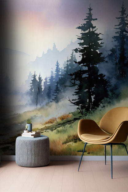 Watercolor Misty Valley and Mountain Wallpaper | Removable Watercolor Forest Wallpaper | Mountain Scenery Mural | Foggy Forest Wallpaper