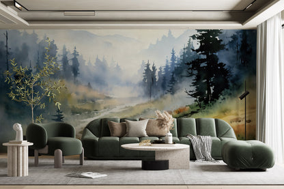 Watercolor Misty Valley and Mountain Wallpaper | Removable Watercolor Forest Wallpaper | Mountain Scenery Mural | Foggy Forest Wallpaper