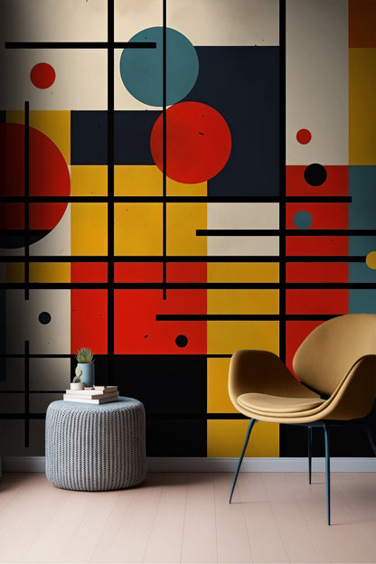 Mondrian Wallpaper | Colourful Geometric Removable Wallpaper | Abstract Art Peel and Stick Wallpaper | Geometrical Colorful Mural | PVC Free