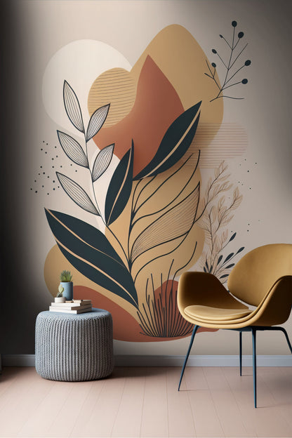 Abstract Plant Removable Mural | Foliage Wallpaper | Abstract Shapes Mural | Abstract Beige Wallpaper | Modern Abstract Foliage Wallpaper
