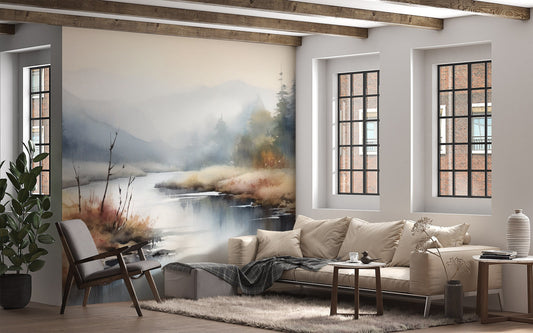 River Scenery Mural | Watercolor Forest Peel and Stick Mural | Watercolor Forest Wallpaper | Landscape Removable Mural | Foggy Forest Mural