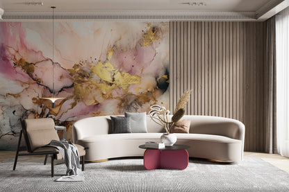 Alcohol Ink Painting Wallpaper | Abstract Watercolor Mural | Pink and Gold Marble, Peel & Stick Wallpaper, Removable Wallpaper Mural