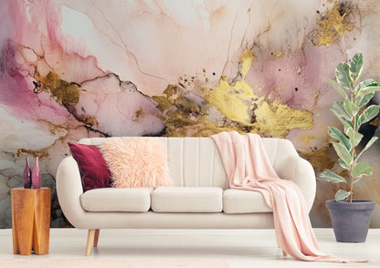 Alcohol Ink Painting Wallpaper | Abstract Watercolor Mural | Pink and Gold Marble, Peel & Stick Wallpaper, Removable Wallpaper Mural