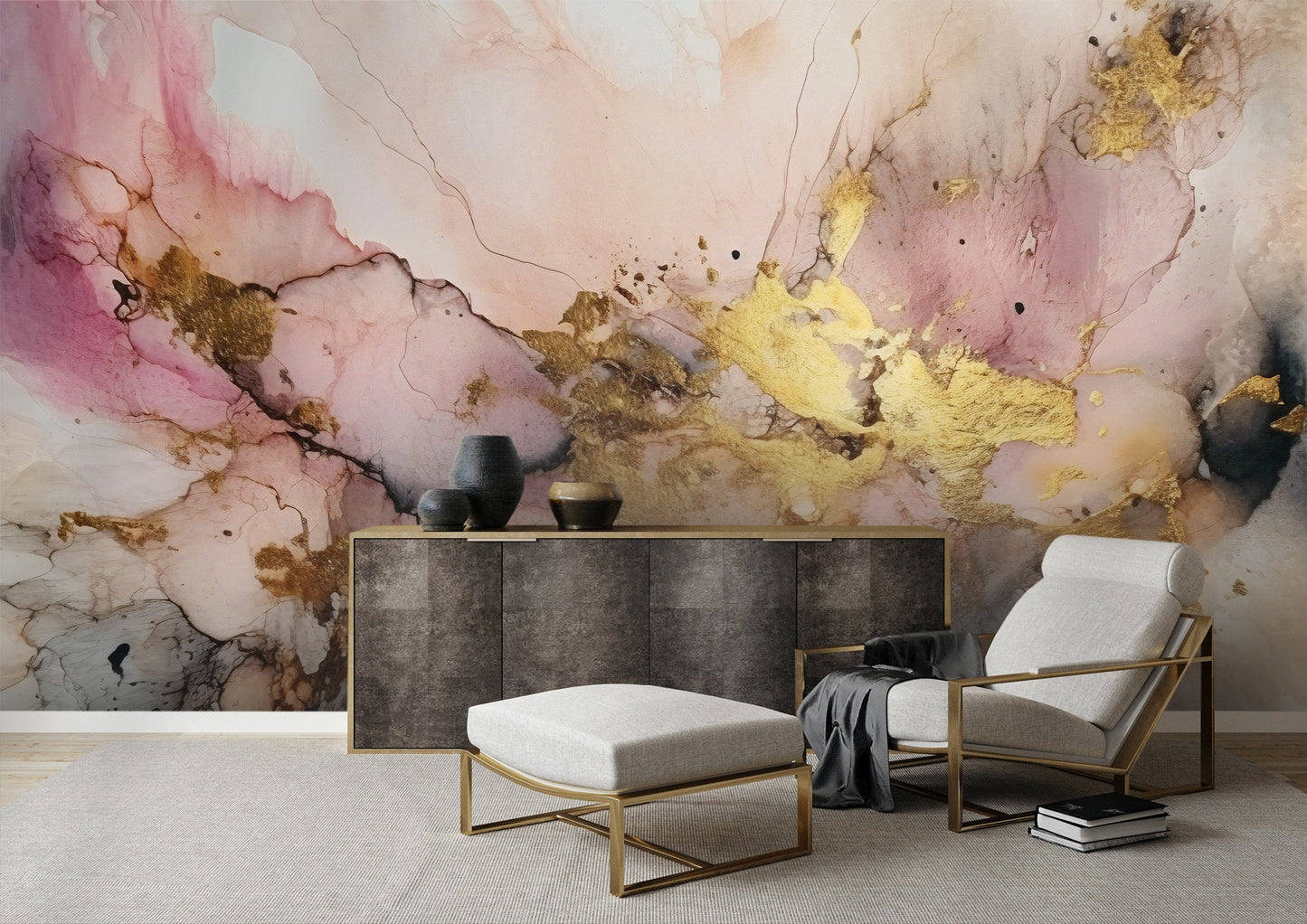 Alcohol Ink Painting Wallpaper | Abstract Watercolor Mural | Pink and Gold Marble, Peel & Stick Wallpaper, Removable Wallpaper Mural