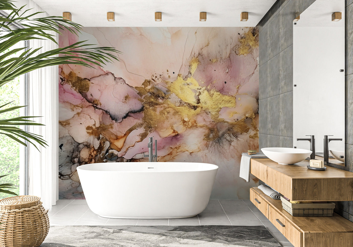 Alcohol Ink Painting Wallpaper | Abstract Watercolor Mural | Pink and Gold Marble, Peel & Stick Wallpaper, Removable Wallpaper Mural