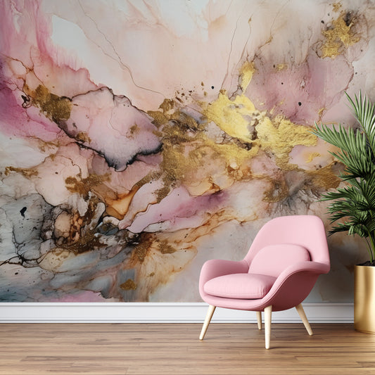 Alcohol Ink Painting Wallpaper | Abstract Watercolor Mural | Pink and Gold Marble, Peel & Stick Wallpaper, Removable Wallpaper Mural