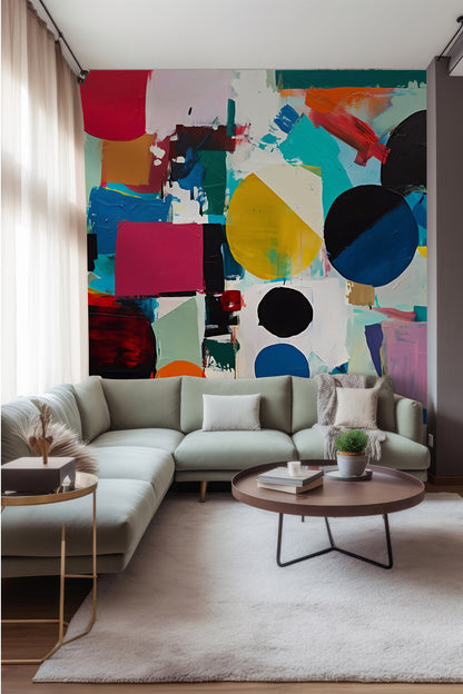 Oil Painting Abstract Mural | Abstract Shapes Peel and Stick Mural | Colourful Abstract Wallpaper for Living Room | Removable Wallpaper