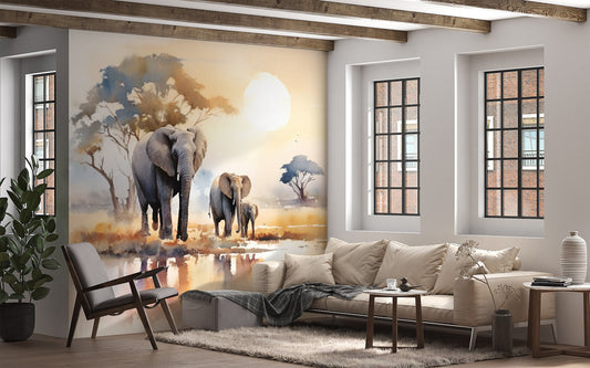 Watercolour Elephant Mural | Removable Safari Wallpaper | Elephant Mural for Living Room | Safari Elephant Mural | Watercolour Animals Mural