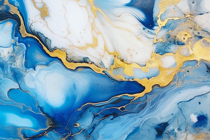 Alcohol Ink Painting Wallpaper | Abstract Watercolor Mural | Blue and Gold Marble, Peel & Stick Wallpaper, Removable Wallpaper Mural