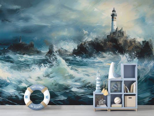 Seaside Wallpaper | By the Sea Removable Wallpaper | Ocean Blue Mural | Lighthouse Mural | Peel and Stick Nautical Mural | Coastal Wallpaper