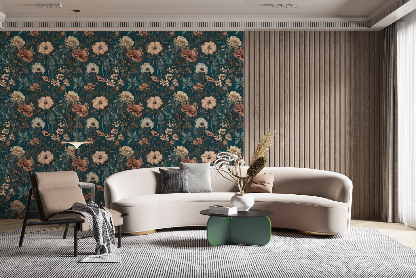 Dark Wildflower Wallpaper | Dark Green Floral Removable Wallpaper | Green Botanic Wallpaper | Dark Flower Pattern Peal and Stick Wallpaper