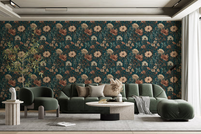 Dark Wildflower Wallpaper | Dark Green Floral Removable Wallpaper | Green Botanic Wallpaper | Dark Flower Pattern Peal and Stick Wallpaper