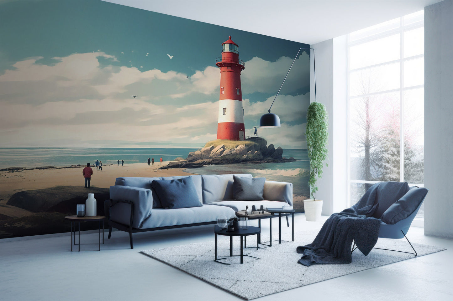 Lighthouse Wallpaper | Seaside Mural | Lighthouse Nautical Mural | Coastal Removable Mural | Beach Wallpaper Peel and Stick | PVC Free Mural