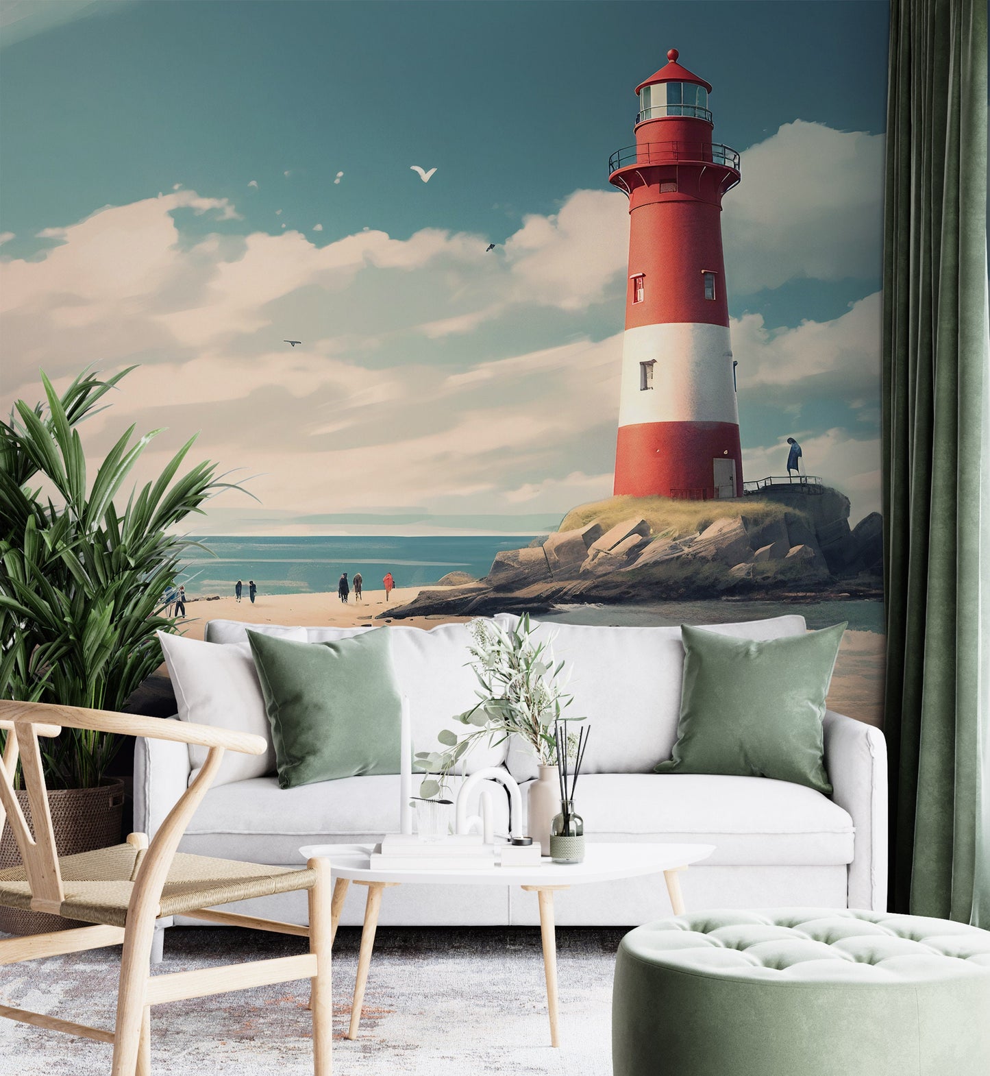 Lighthouse Wallpaper | Seaside Mural | Lighthouse Nautical Mural | Coastal Removable Mural | Beach Wallpaper Peel and Stick | PVC Free Mural