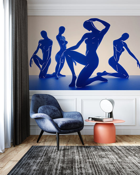 Blue Bodies Wallpaper | Matisse Inspired Mural | Blue Nudes Art Wallpaper | Naked Bodies Wallpaper | Female Wallpaper | Peel & Stick Mural