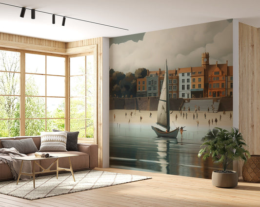 Seaside Mural | Sailboat  Wallpaper | Coastal Cottage Wallpaper | Peel and Stick Mural | Boat & Beach Mural | Coastal Removable Mural