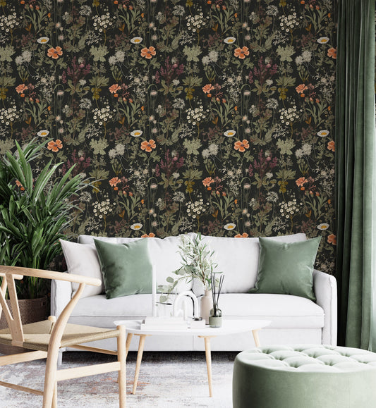 Dark Wildflower Botanic Wallpaper | Dark Floral Pattern Wallpaper | Dark Botanic Removable Wallpaper | Dark Flower Peel and Stick Wallpaper