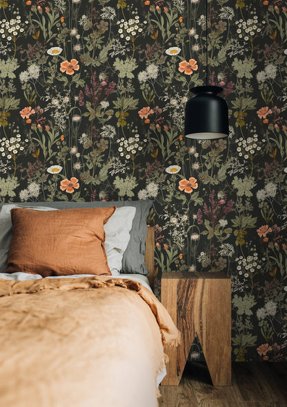 Dark Wildflower Botanic Wallpaper | Dark Floral Pattern Wallpaper | Dark Botanic Removable Wallpaper | Dark Flower Peel and Stick Wallpaper