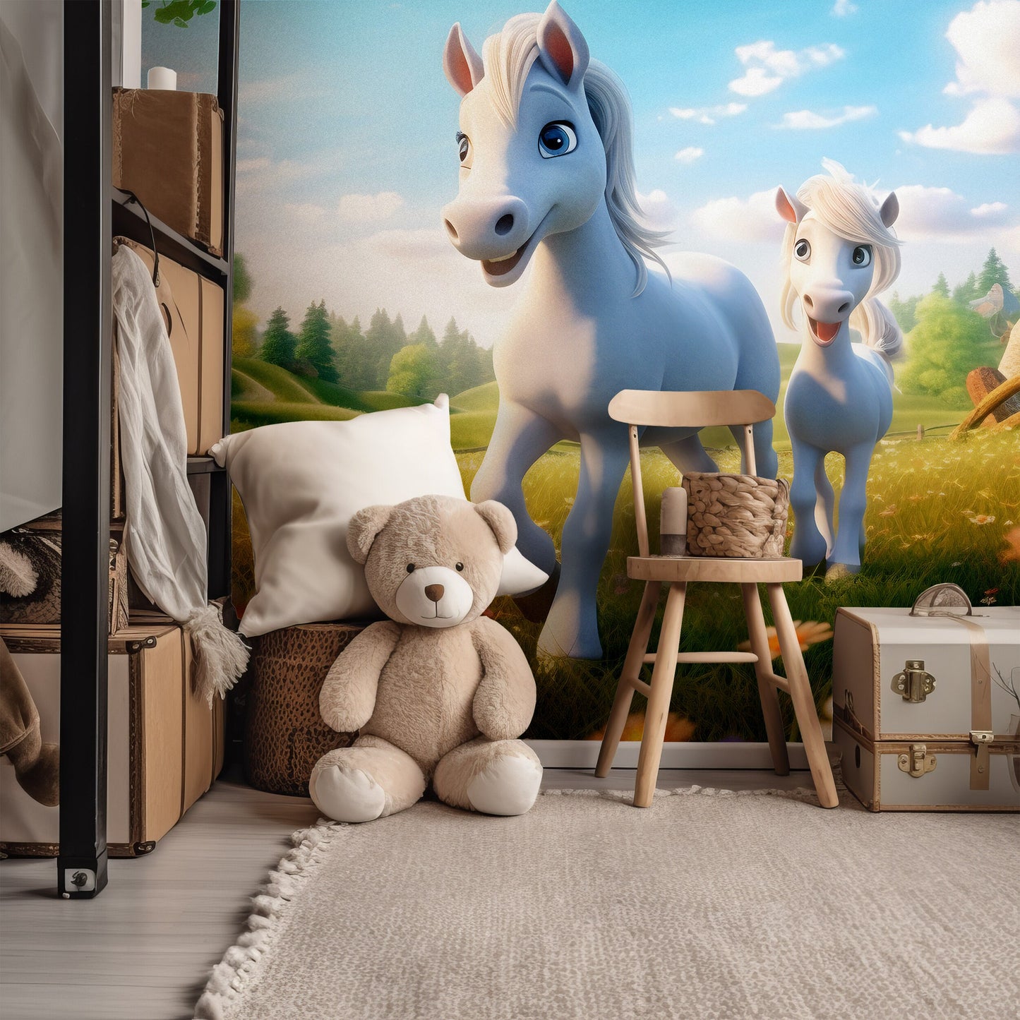 Pony Mural for Kids Room | 3D Horse Mural | Cartoon Character Wallpaper | Horse Peel & Stick Wallpaper | Removable Cartoon Mural for Nursery