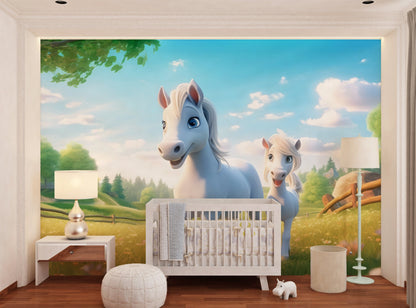 Pony Mural for Kids Room | 3D Horse Mural | Cartoon Character Wallpaper | Horse Peel & Stick Wallpaper | Removable Cartoon Mural for Nursery