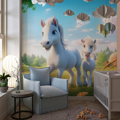 Pony Mural for Kids Room | 3D Horse Mural | Cartoon Character Wallpaper | Horse Peel & Stick Wallpaper | Removable Cartoon Mural for Nursery