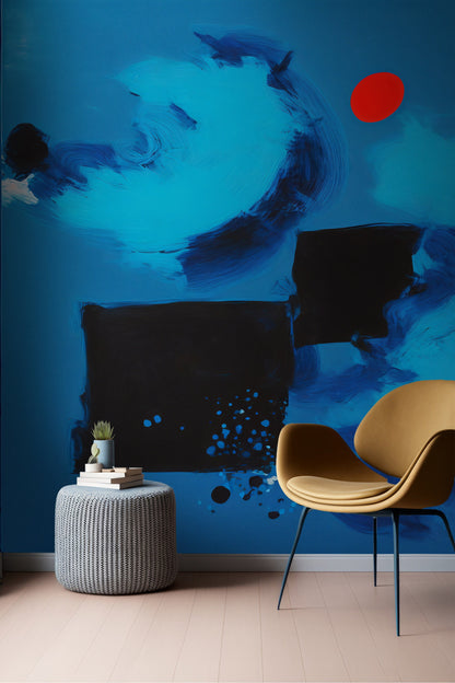 Blue Abstract Wallpaper | Abstract Removable Mural | Abstract Blue Painting Mural | Red Dot Peel & Stick Blue Mural | Contemporary Art Mural
