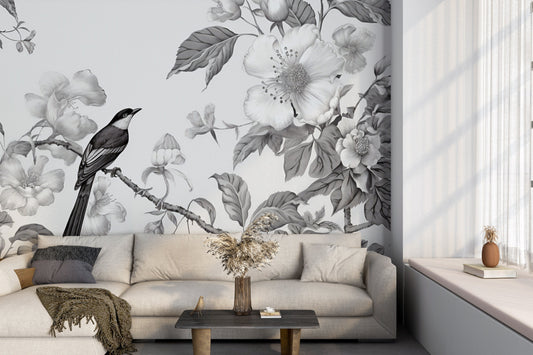 Chinoiserie Floral Mural | Monochromic Chinoiserie Removable Wallpaper | Chinoiserie Mural with Bird | Chinoiserie Wallpaper Peel & Stick