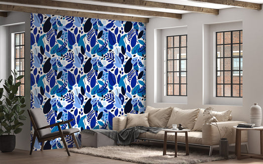 Abstract Blue Leaf Wallpaper | Abstract Blue Floral Wallpaper | Abstract Removable Self Adhesive Wallpaper Roll | Peal and Stick Wallpaper
