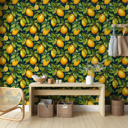Fruit Kitchen Wallpaper | Lemon Pattern Wallpaper | Citrus Wallpaper | Citrus Peel and Stick Wallpaper | Botanical Temporary Wallpaper