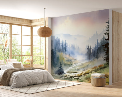 Watercolor Misty Valley and Mountain Wallpaper | Removable Watercolor Forest Wallpaper | Mountain Scenery Mural | Foggy Forest Wallpaper