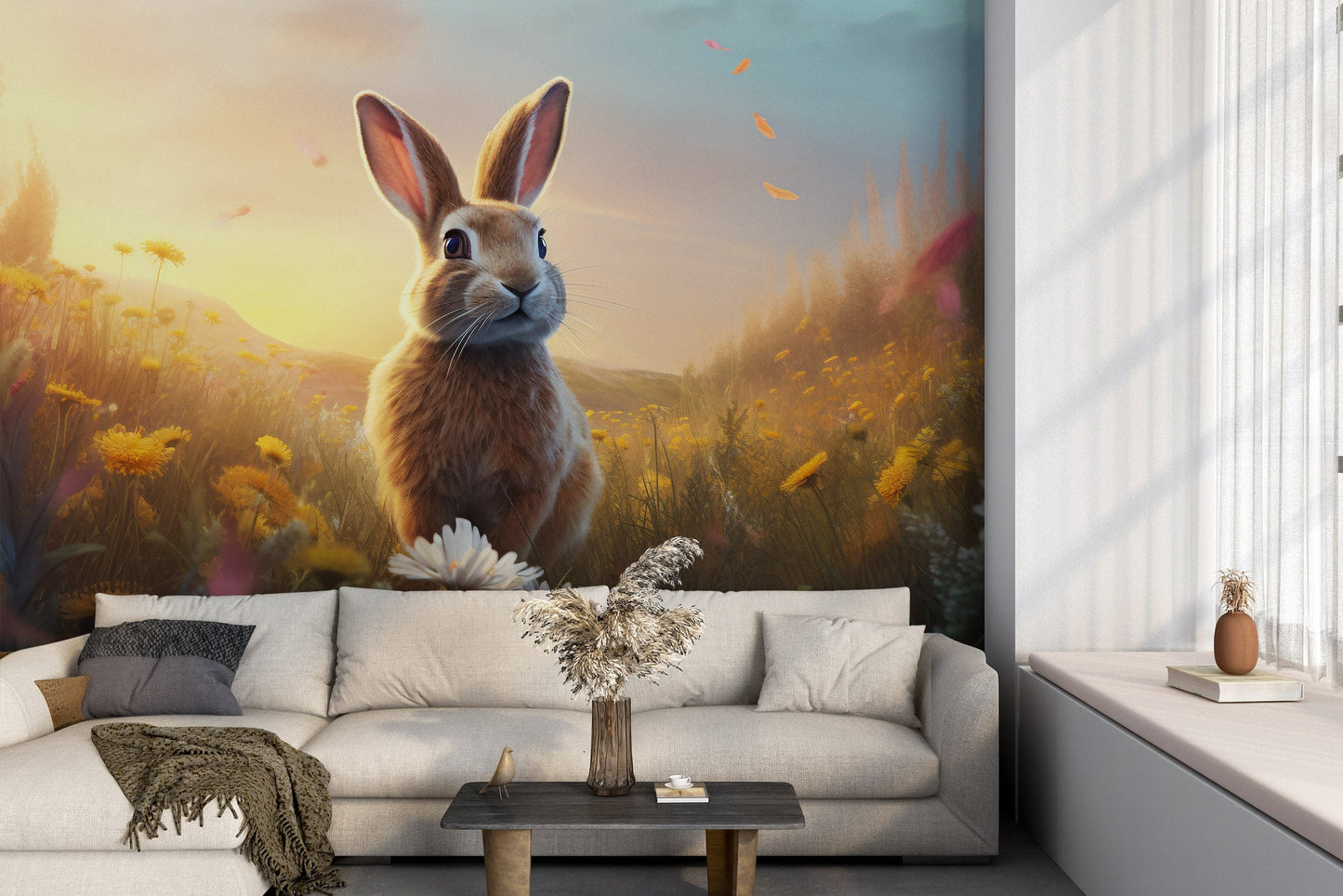 Bunny in a Meadow Mural | Rabbit Mural | Cute Animal Removable Mural | Wild Flowers Wallpaper for Kids’ Room | Peel & Stick Mural for Kids