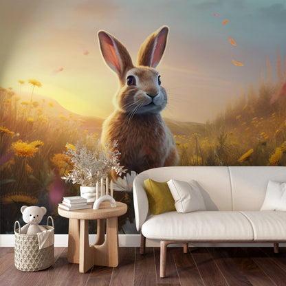 Bunny in a Meadow Mural | Rabbit Mural | Cute Animal Removable Mural | Wild Flowers Wallpaper for Kids’ Room | Peel & Stick Mural for Kids