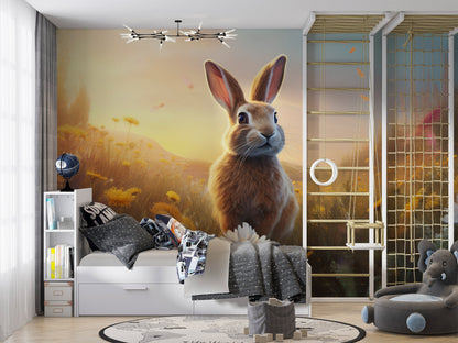 Bunny in a Meadow Mural | Rabbit Mural | Cute Animal Removable Mural | Wild Flowers Wallpaper for Kids’ Room | Peel & Stick Mural for Kids