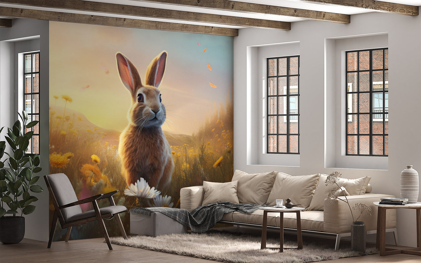 Bunny in a Meadow Mural | Rabbit Mural | Cute Animal Removable Mural | Wild Flowers Wallpaper for Kids’ Room | Peel & Stick Mural for Kids