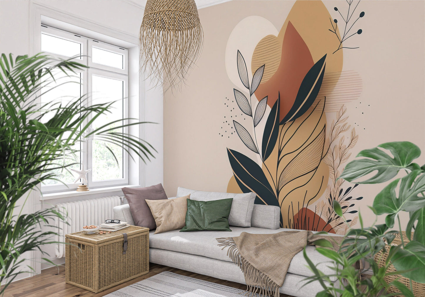 Abstract Plant Removable Mural | Foliage Wallpaper | Abstract Shapes Mural | Abstract Beige Wallpaper | Modern Abstract Foliage Wallpaper