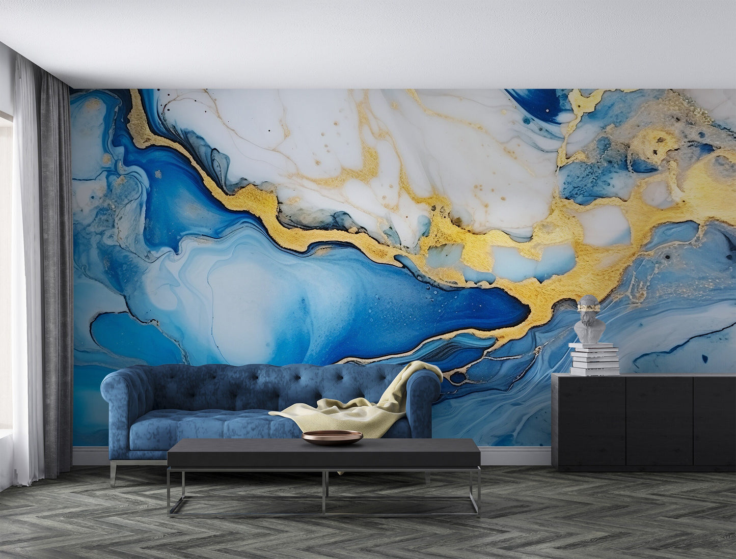 Alcohol Ink Painting Wallpaper | Abstract Watercolor Mural | Blue and Gold Marble, Peel & Stick Wallpaper, Removable Wallpaper Mural