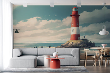 Lighthouse Wallpaper | Seaside Mural | Lighthouse Nautical Mural | Coastal Removable Mural | Beach Wallpaper Peel and Stick | PVC Free Mural