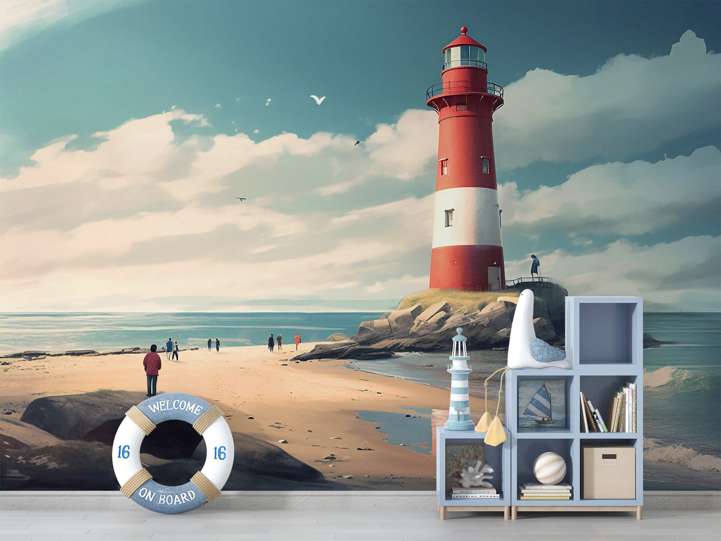 Lighthouse Wallpaper | Seaside Mural | Lighthouse Nautical Mural | Coastal Removable Mural | Beach Wallpaper Peel and Stick | PVC Free Mural