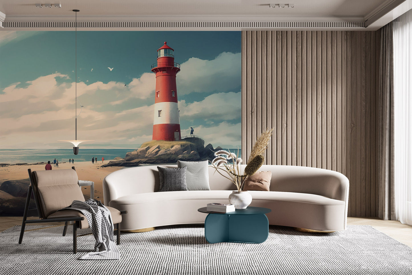 Lighthouse Wallpaper | Seaside Mural | Lighthouse Nautical Mural | Coastal Removable Mural | Beach Wallpaper Peel and Stick | PVC Free Mural