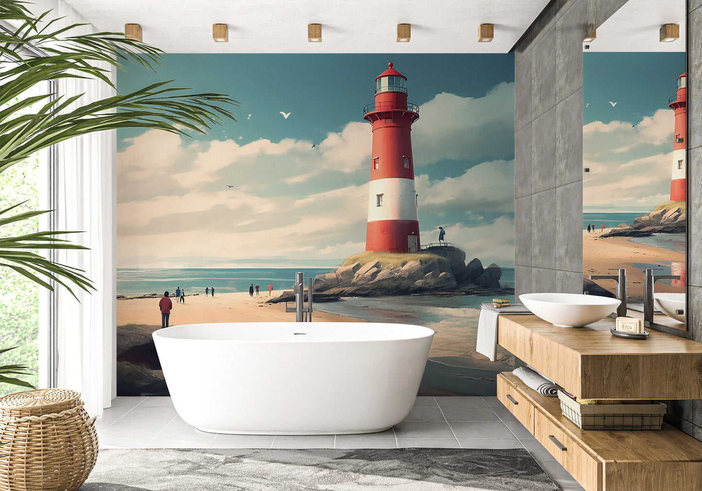 Lighthouse Wallpaper | Seaside Mural | Lighthouse Nautical Mural | Coastal Removable Mural | Beach Wallpaper Peel and Stick | PVC Free Mural