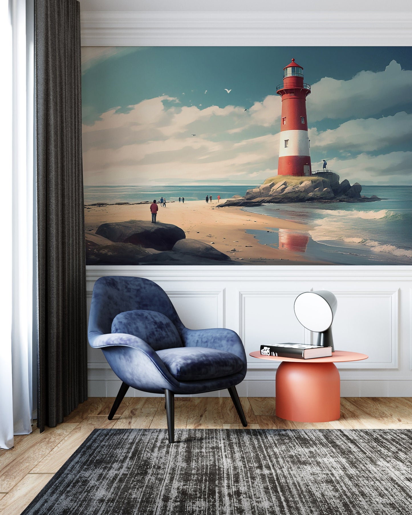 Lighthouse Wallpaper | Seaside Mural | Lighthouse Nautical Mural | Coastal Removable Mural | Beach Wallpaper Peel and Stick | PVC Free Mural