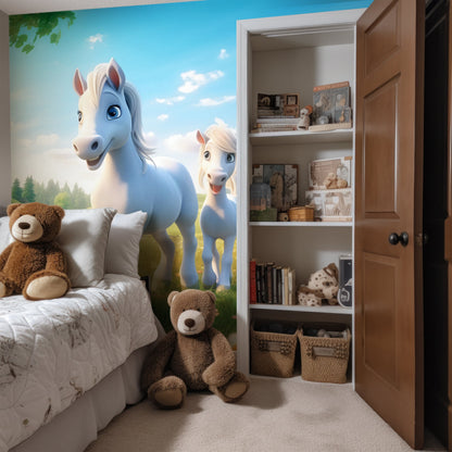 Pony Mural for Kids Room | 3D Horse Mural | Cartoon Character Wallpaper | Horse Peel & Stick Wallpaper | Removable Cartoon Mural for Nursery