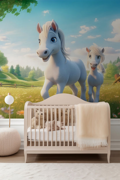 Pony Mural for Kids Room | 3D Horse Mural | Cartoon Character Wallpaper | Horse Peel & Stick Wallpaper | Removable Cartoon Mural for Nursery