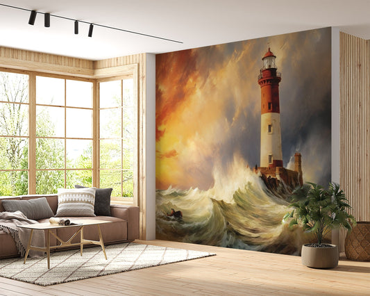 Seaside Mural | Lighthouse in Storm Mural | Ocean Blue Wallpaper | Lighthouse Wallpaper | Peel and Stick Nautical Mural | Coastal Wallpaper