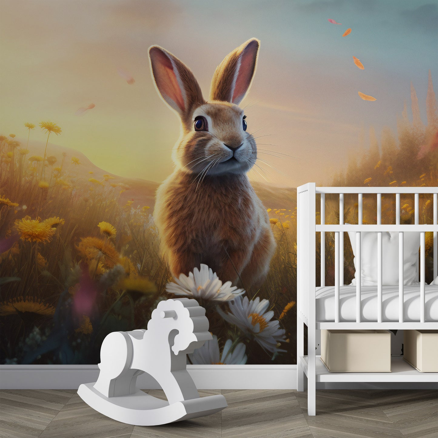 Bunny in a Meadow Mural | Rabbit Mural | Cute Animal Removable Mural | Wild Flowers Wallpaper for Kids’ Room | Peel & Stick Mural for Kids