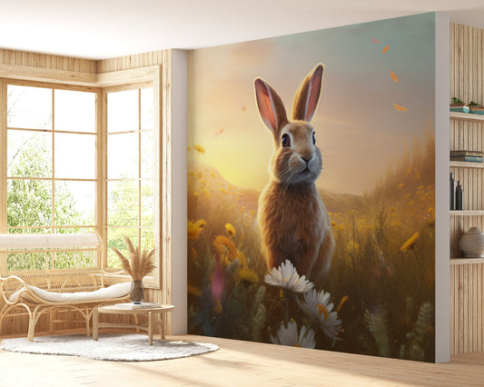 Bunny in a Meadow Mural | Rabbit Mural | Cute Animal Removable Mural | Wild Flowers Wallpaper for Kids’ Room | Peel & Stick Mural for Kids